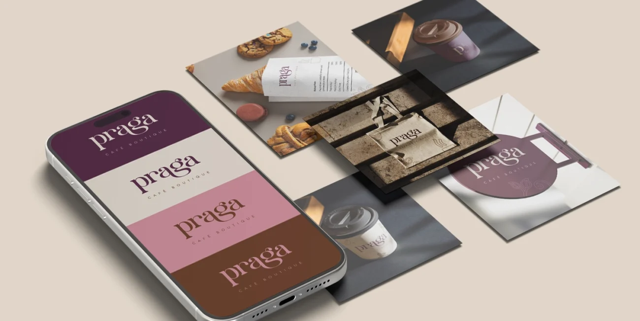 Proyecto de branding con la marca Praga, cafetería boutique que evoluciona a café–restaurante urbano.