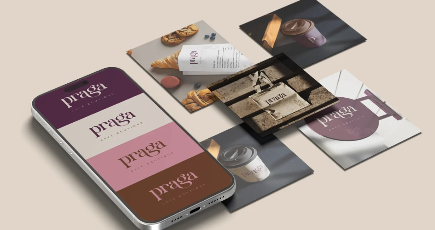 Proyecto de branding con la marca Praga, cafetería boutique que evoluciona a café–restaurante urbano.
