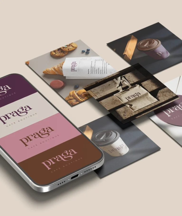 Proyecto de branding con la marca Praga, cafetería boutique que evoluciona a café–restaurante urbano.