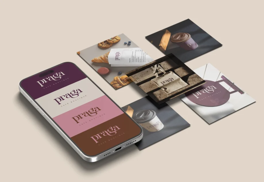 Proyecto de branding con la marca Praga, cafetería boutique que evoluciona a café–restaurante urbano.